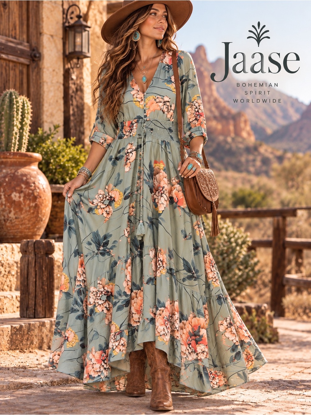 Jaase Indiana Maxi Dress Medium Sage Floral Rayon Australian Boho Tassel Western